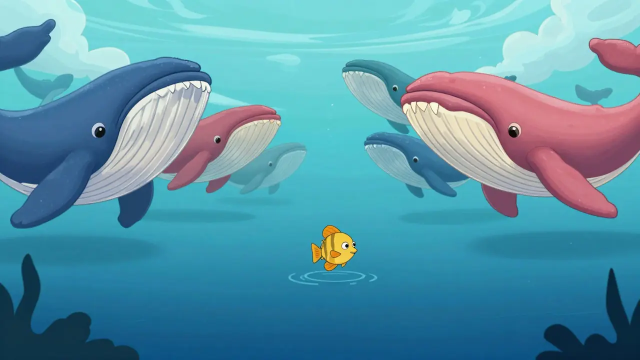 Pequeño pez nadando solo en un océano vasto con ballenas lejanas al fondo
