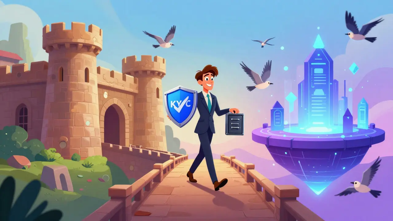 Persona cruzando puente entre banco tradicional y mundo cripto en estilo Disney