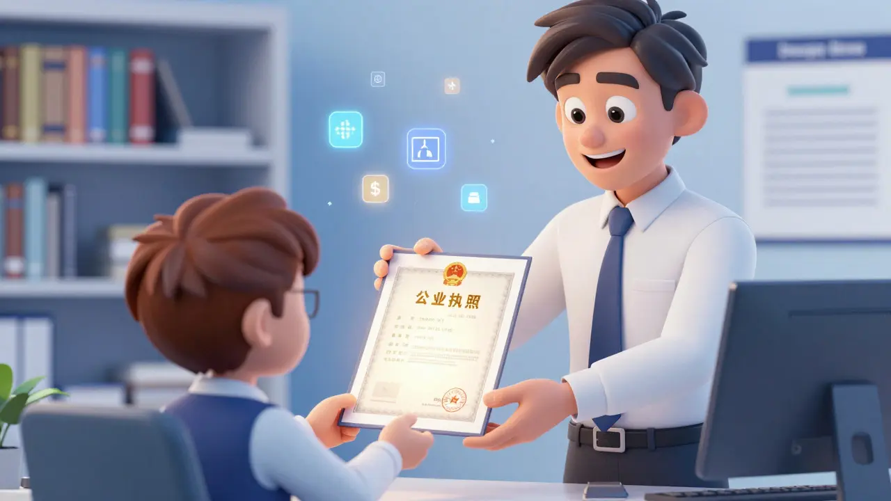 Personaje de animación entregando una licencia reguladora en un entorno profesional