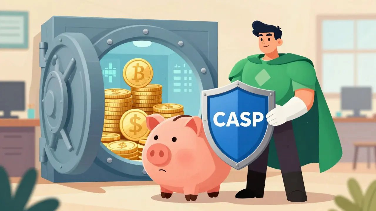 Personaje protegido por un escudo financiero en una ilustración de seguridad de activos