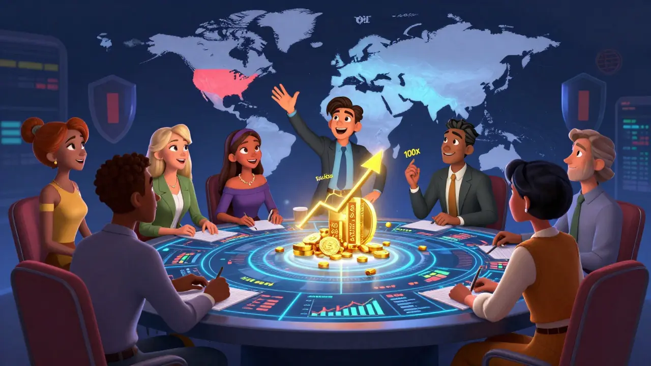 Personajes animados en una mesa holográfica mostrando gráficos de derivados y apalancamiento financiero