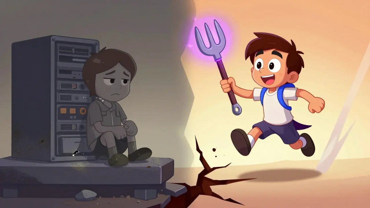 Personajes de dibujos animados mostrando la división entre la versión abandonada y la activa de la plataforma