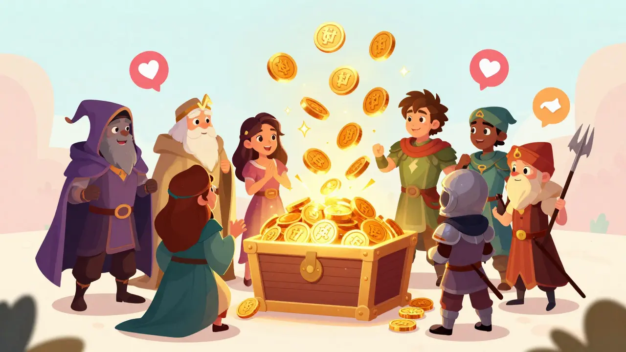 Personajes de fantasía celebrando alrededor de un cofre flotante que emite monedas doradas e íconos sociales.