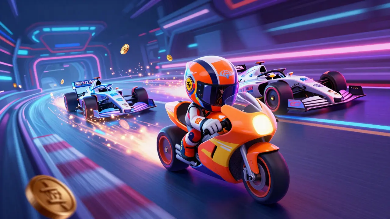 Personajes de motociclismo y F1 corriendo en pista futurista estilo Disney