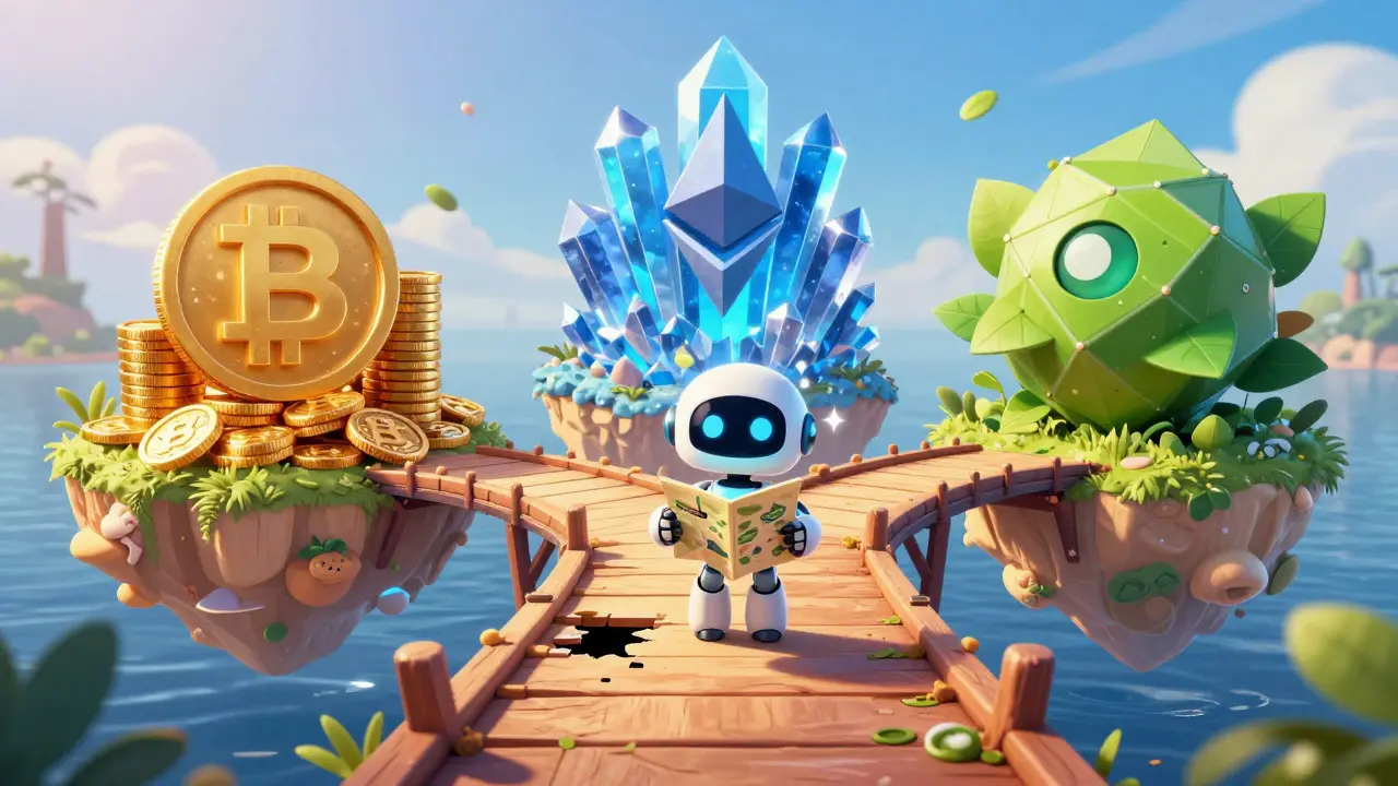 Puente mágico frágil conectando tres islas de blockchains diferentes