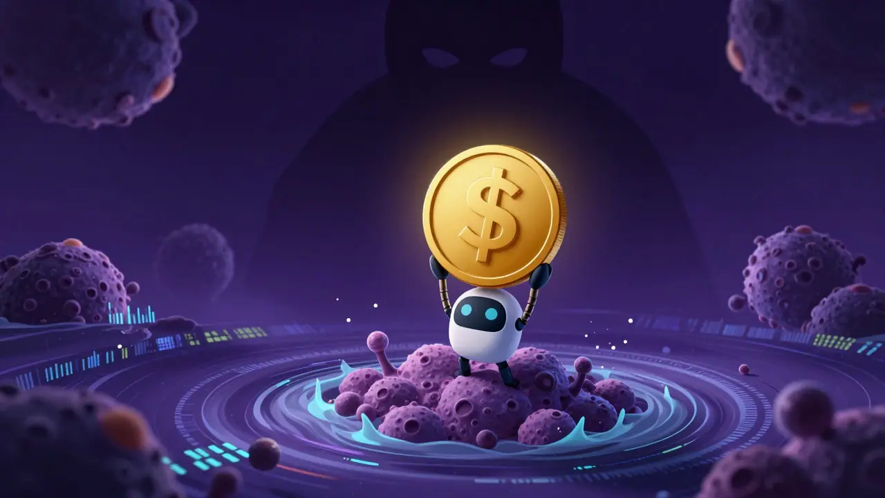 Robot diminuto representando un token frágil en un entorno digital caótico