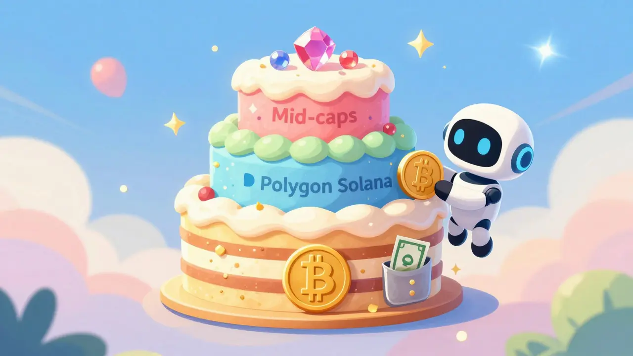 Tarta mágica con capas que representan la diversificación cripto