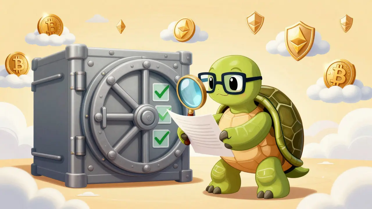 Tortuga segura junto a bóveda regulada y criptomonedas protegidas