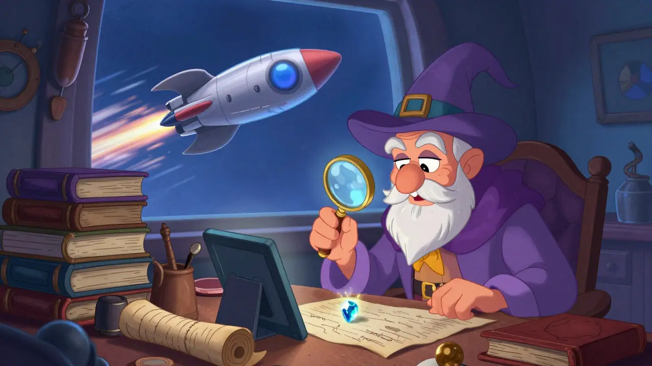 Un mago sabio examinando un pequeño token brillante mientras pasa un cohete moderno por la ventana