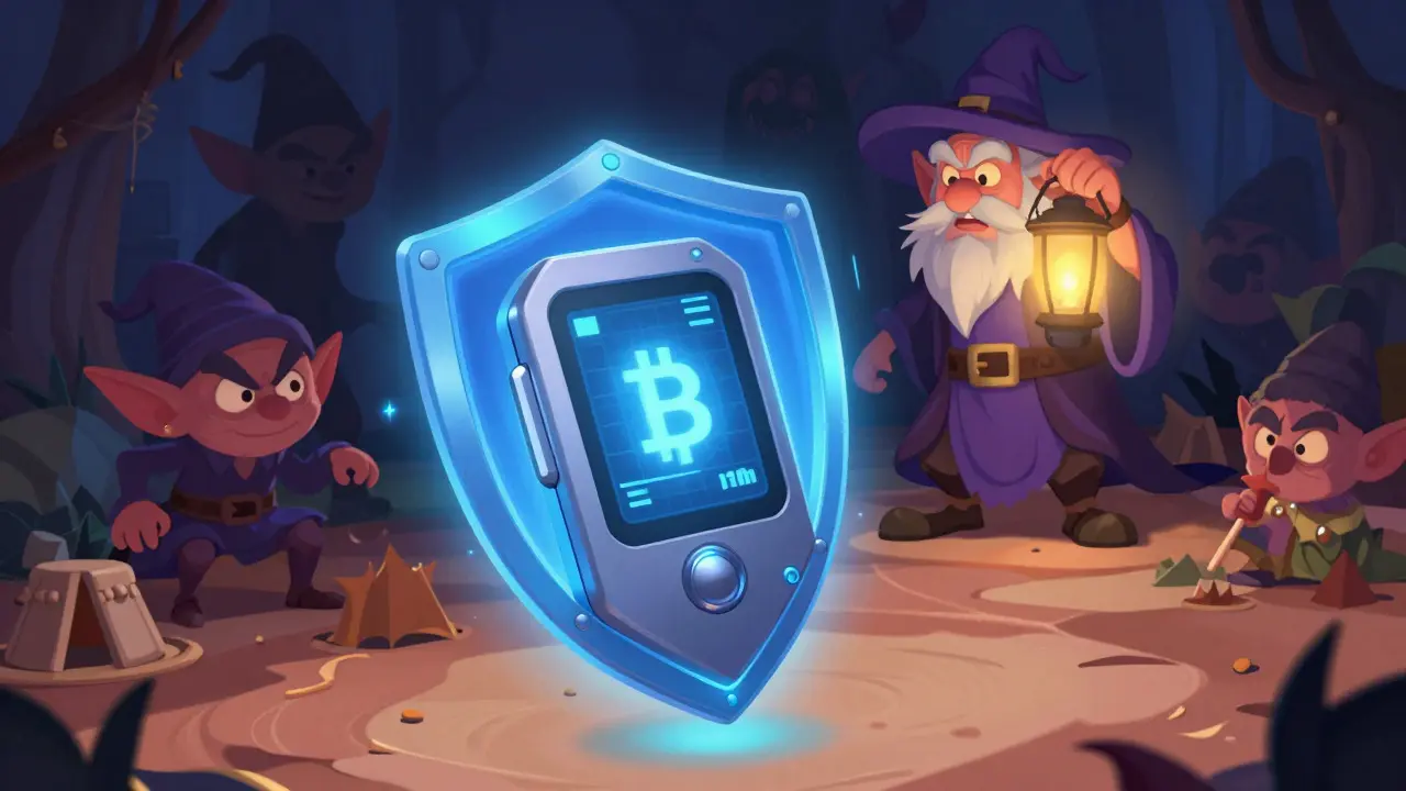 Un mago sabio protege una billetera digital brillante mientras figuras sombrias intentan robarla en un entorno mágico.
