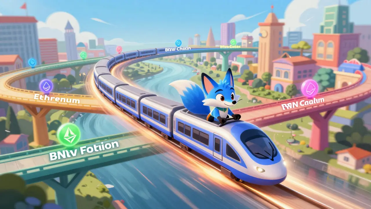 Zorro azul viajando en un tren mágico sobre puentes coloridos que representan distintas blockchains.