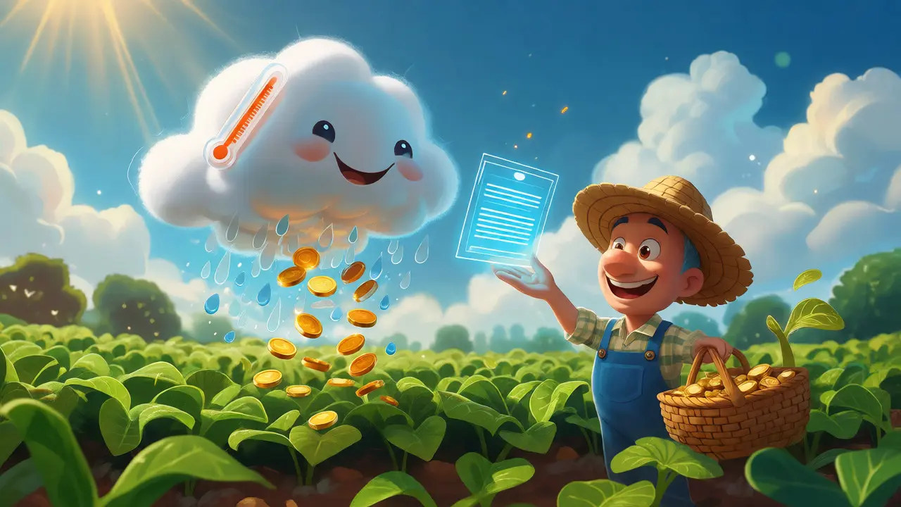 Agricultor feliz recibiendo pagos automáticos por lluvia en campo verde