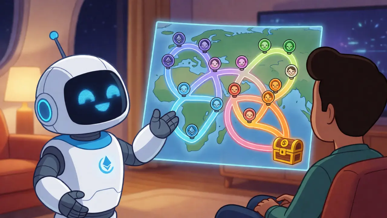 Asistente robótico mostrando un mapa colorido de redes blockchain y utilidades de tokens en un salón futurista.