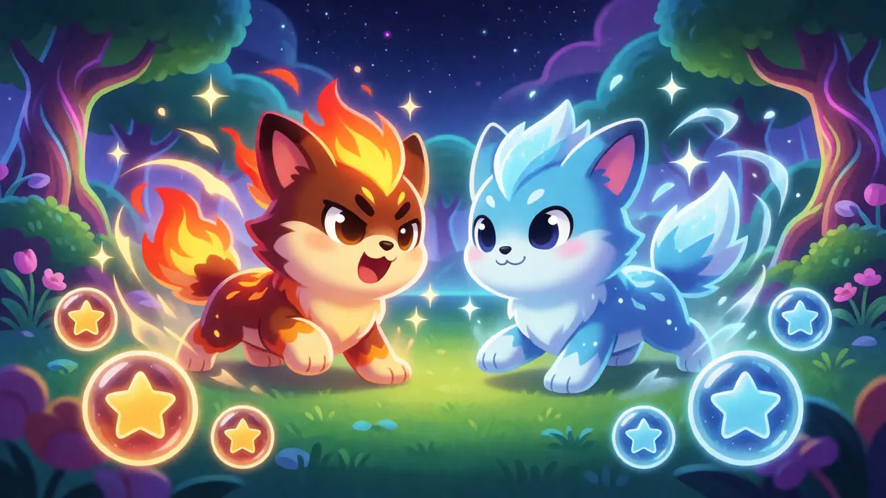 Batalla épica entre mascotas virtuales en un bosque digital mágico.