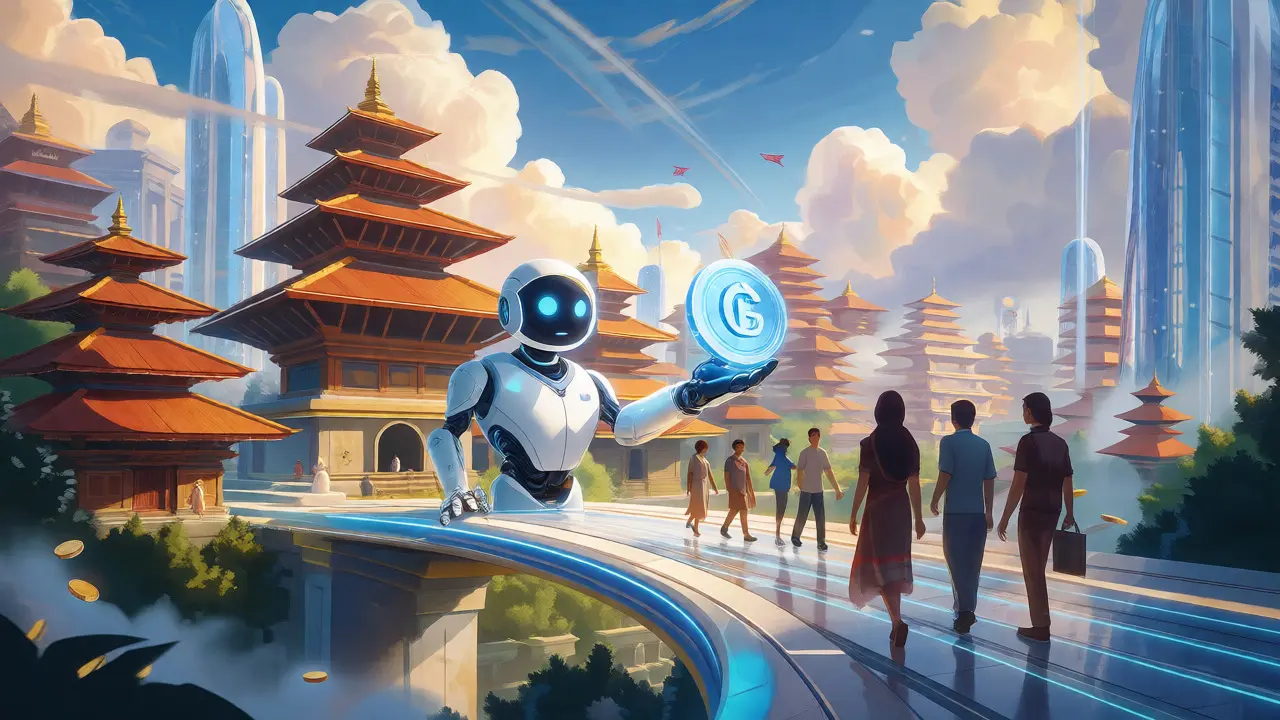 Ciudad futurista de Nepal con arquitectura tradicional y una moneda digital oficial brillante y estable.