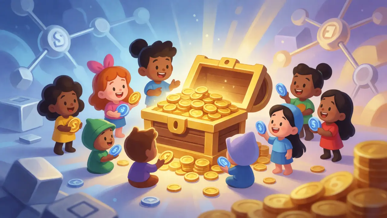 Comunidad de personajes intercambiando tesoros digitales y monedas.