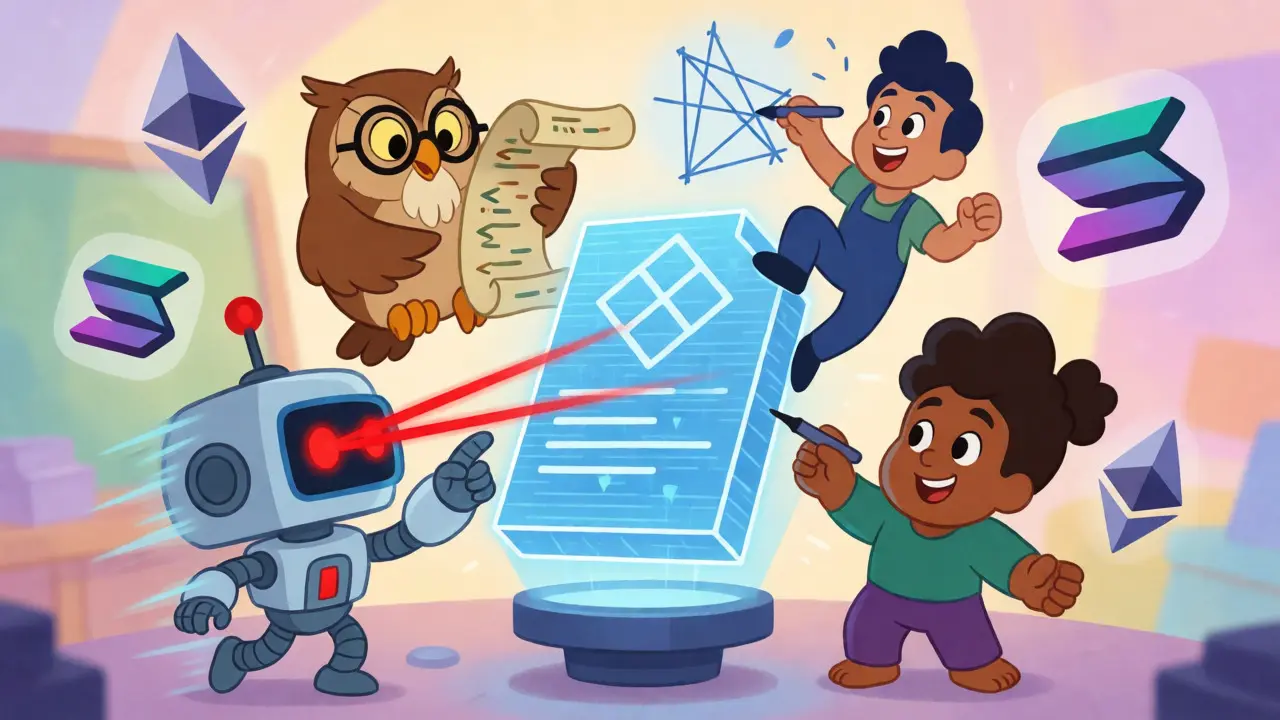 Cuatro personajes trabajando juntos para auditar un contrato inteligente holográfico