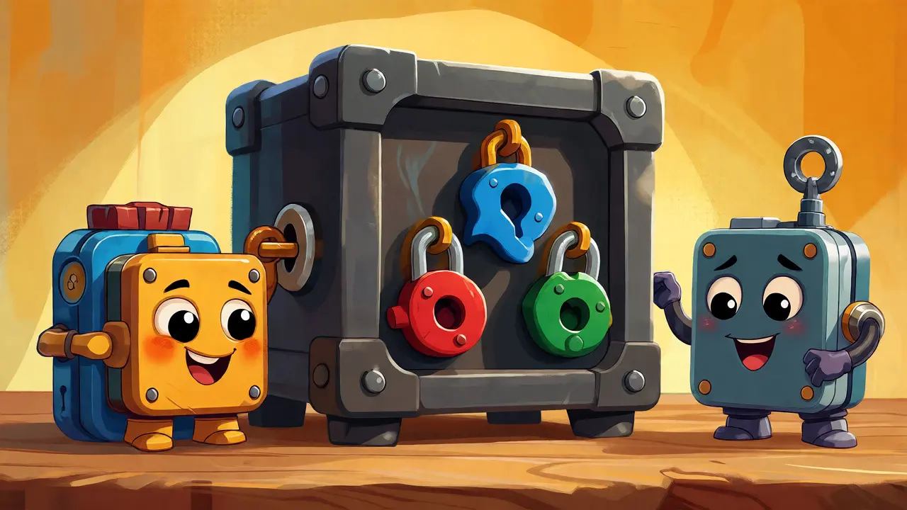Dibujos animados estilo Disney mostrando una caja fuerte con tres cerraduras y dispositivos amigos.