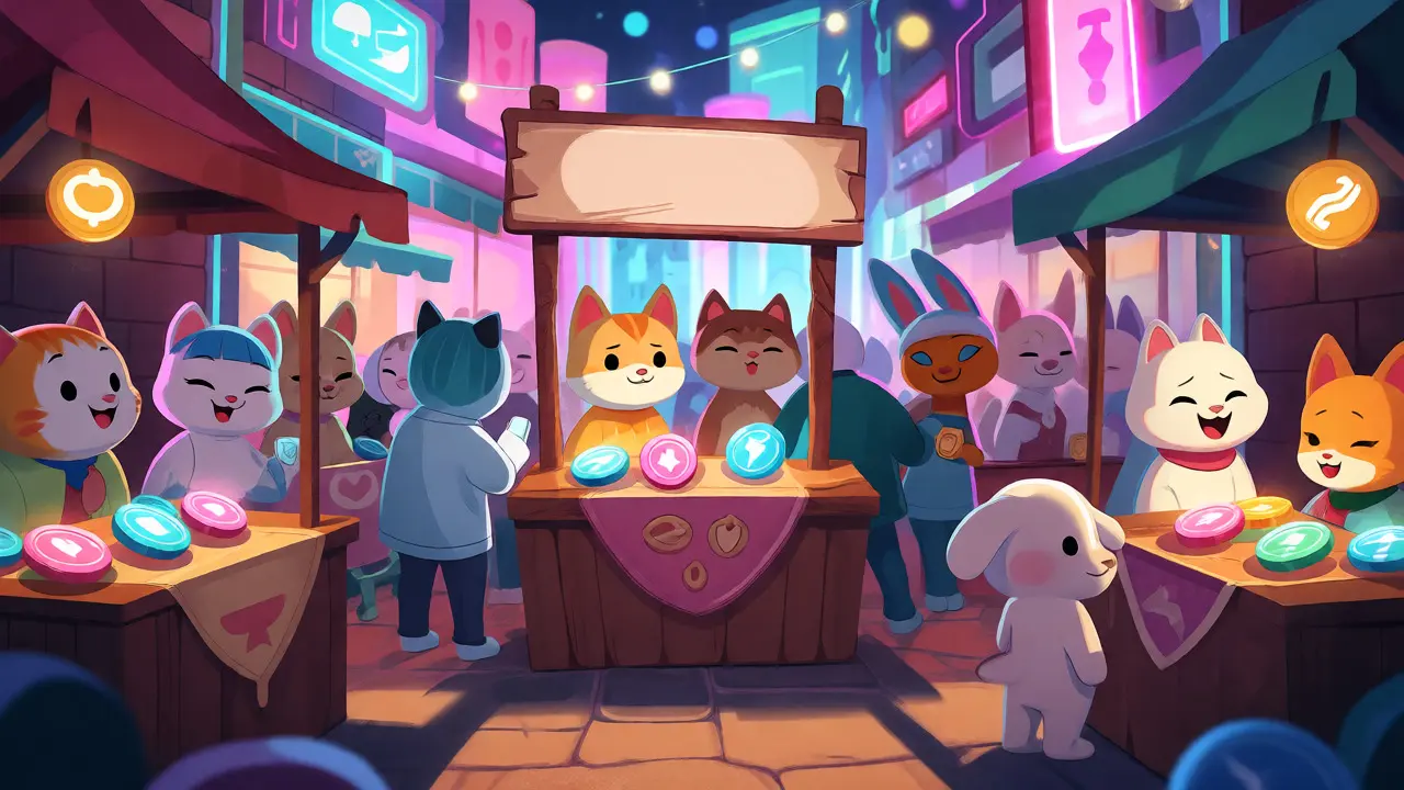 Escena de mercado animado con animales estilizados intercambiando fichas digitales coloridas.