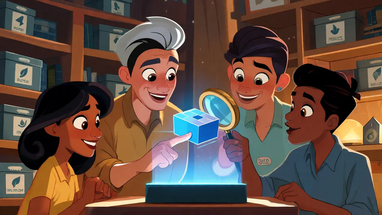 Escena estilo Disney de un grupo verificando una transacción blockchain con cuidado y confianza.