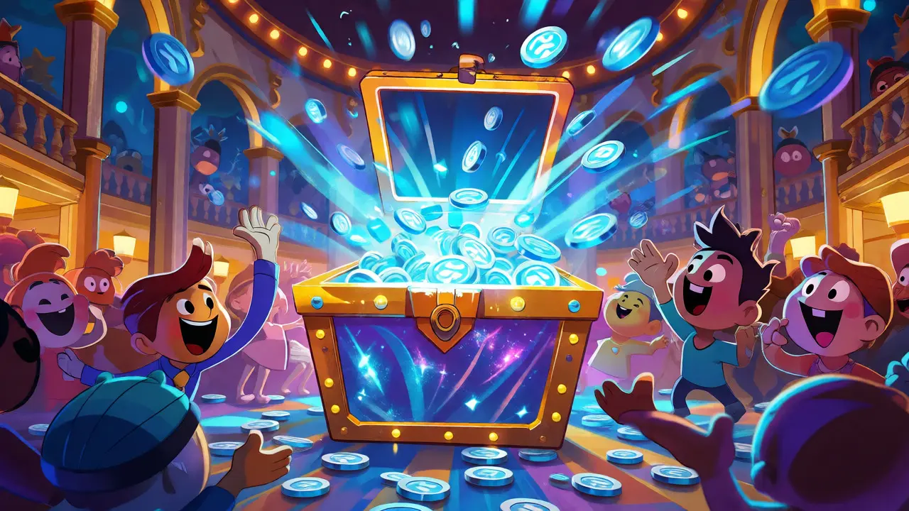 Escena festiva estilo Disney con personajes celebrando la lluvia de fichas brillantes desde un cofre abierto.