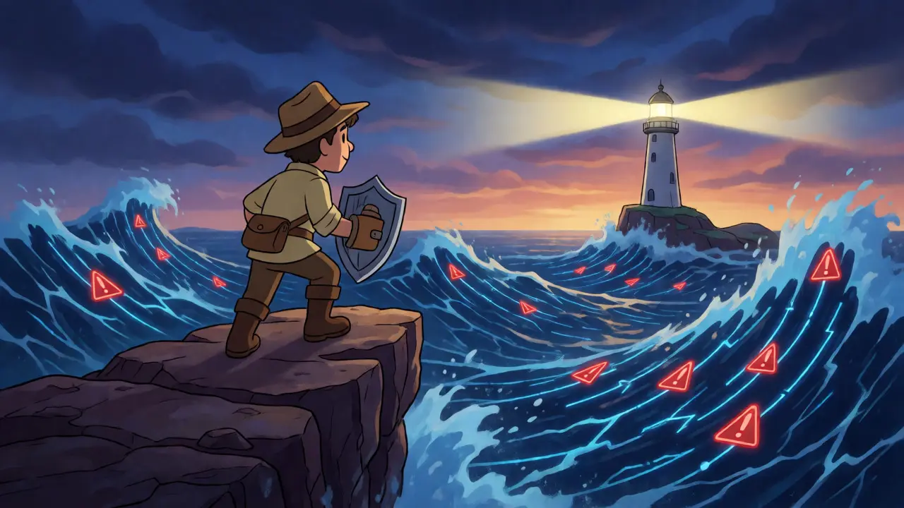 Explorador animado frente a un océano de datos tormentoso con un faro de seguridad iluminando el camino.