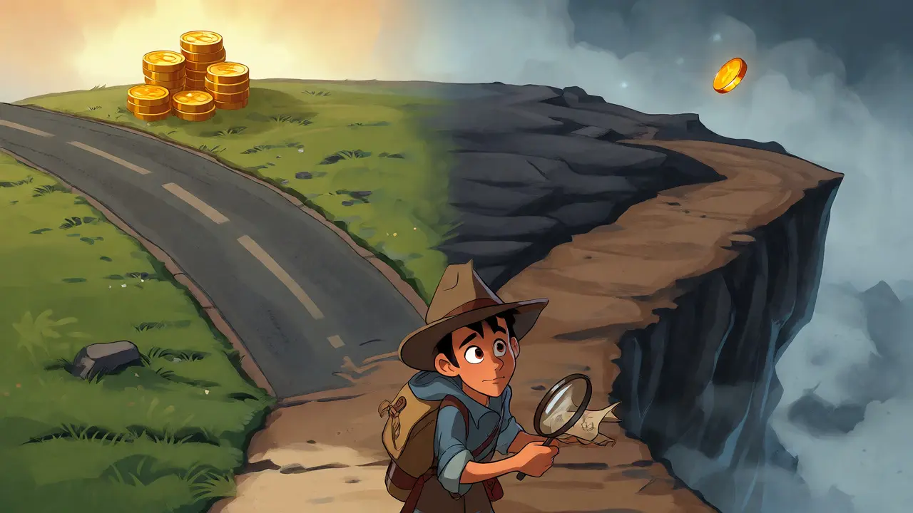 Explorador frente a dos caminos: uno seguro y otro arriesgado con niebla y monedas frágiles.