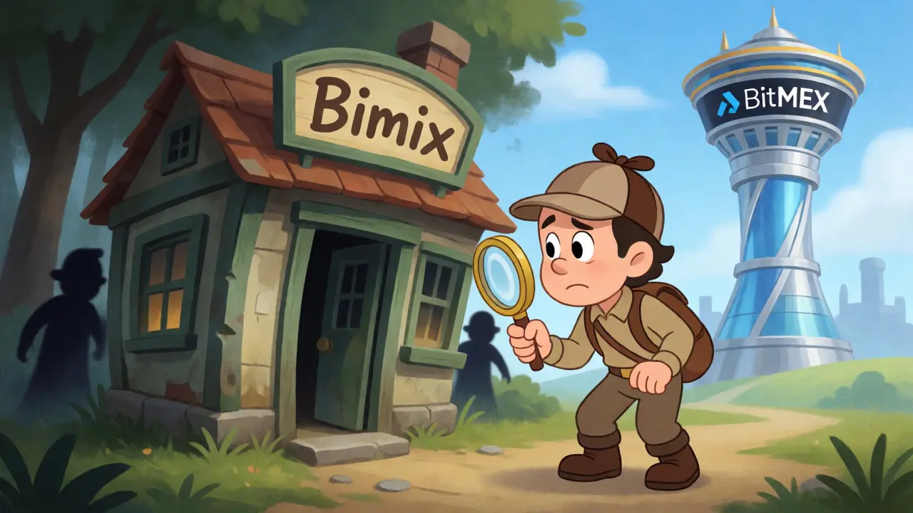 Explorador inspeccionando una tienda sospechosa frente a la torre sólida de BitMEX.
