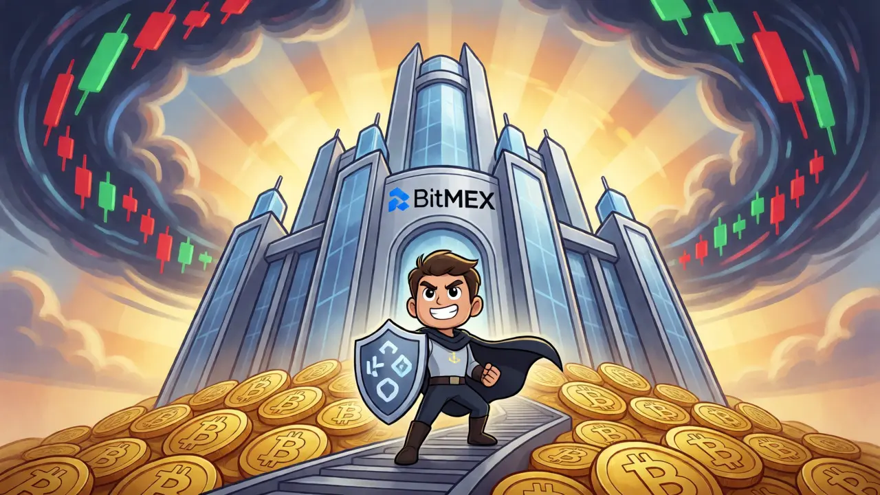 Fortaleza futurista de BitMEX sobre monedas de oro con un trader heroico listo para operar.