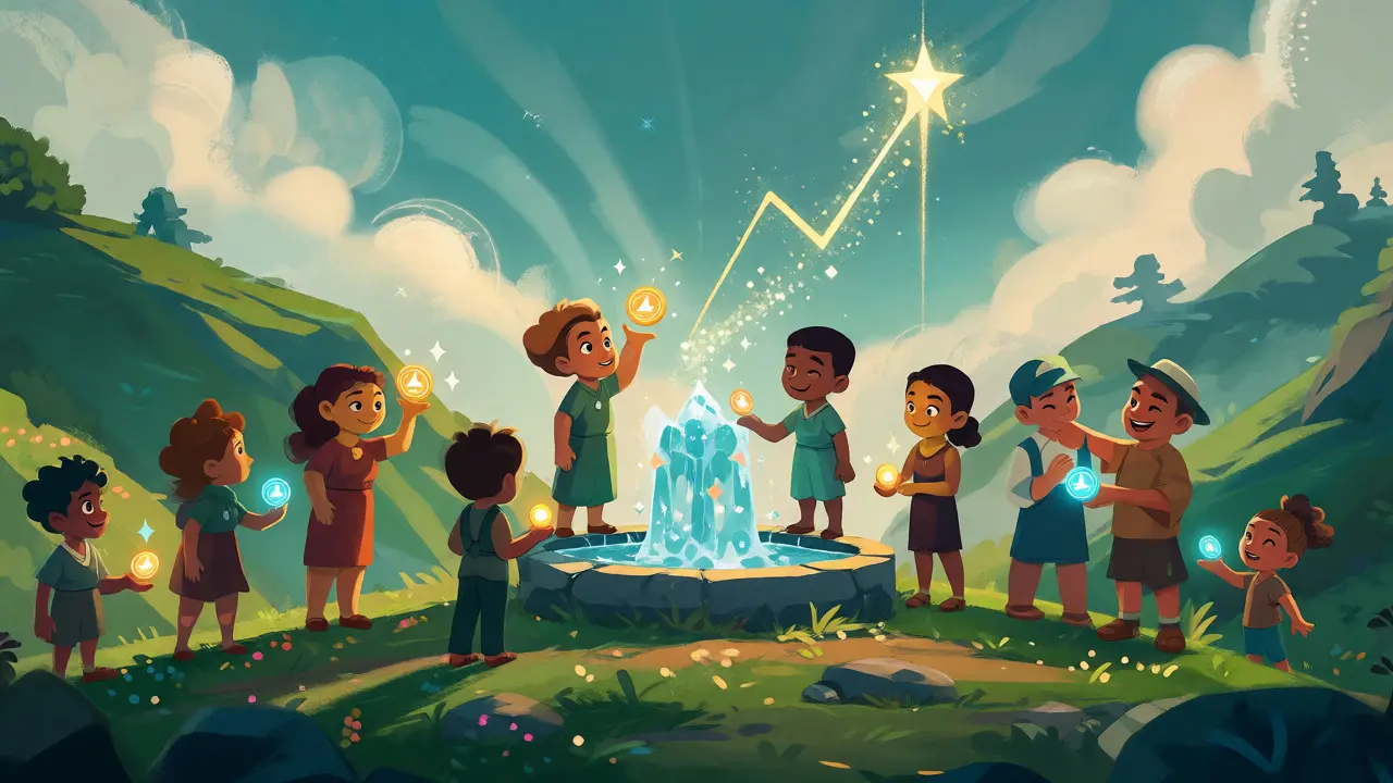 Grupo de avatares gestionando tokens y liquidez en un paisaje verde y mágico.