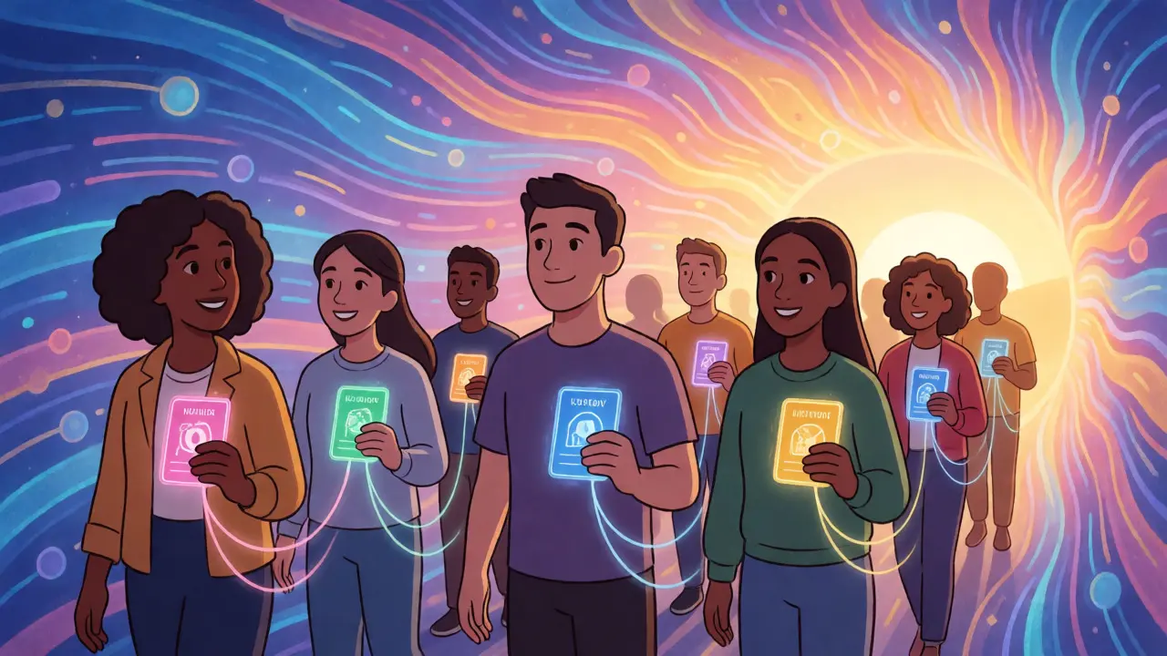 Grupo diverso con insignias digitales flotantes en un túnel de datos futurista.
