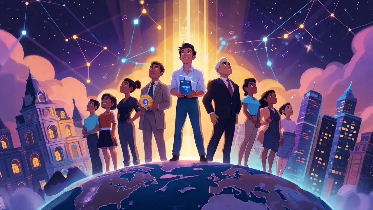 Grupo diverso de personajes sosteniendo activos digitales sobre un globo estilizado bajo estrellas.