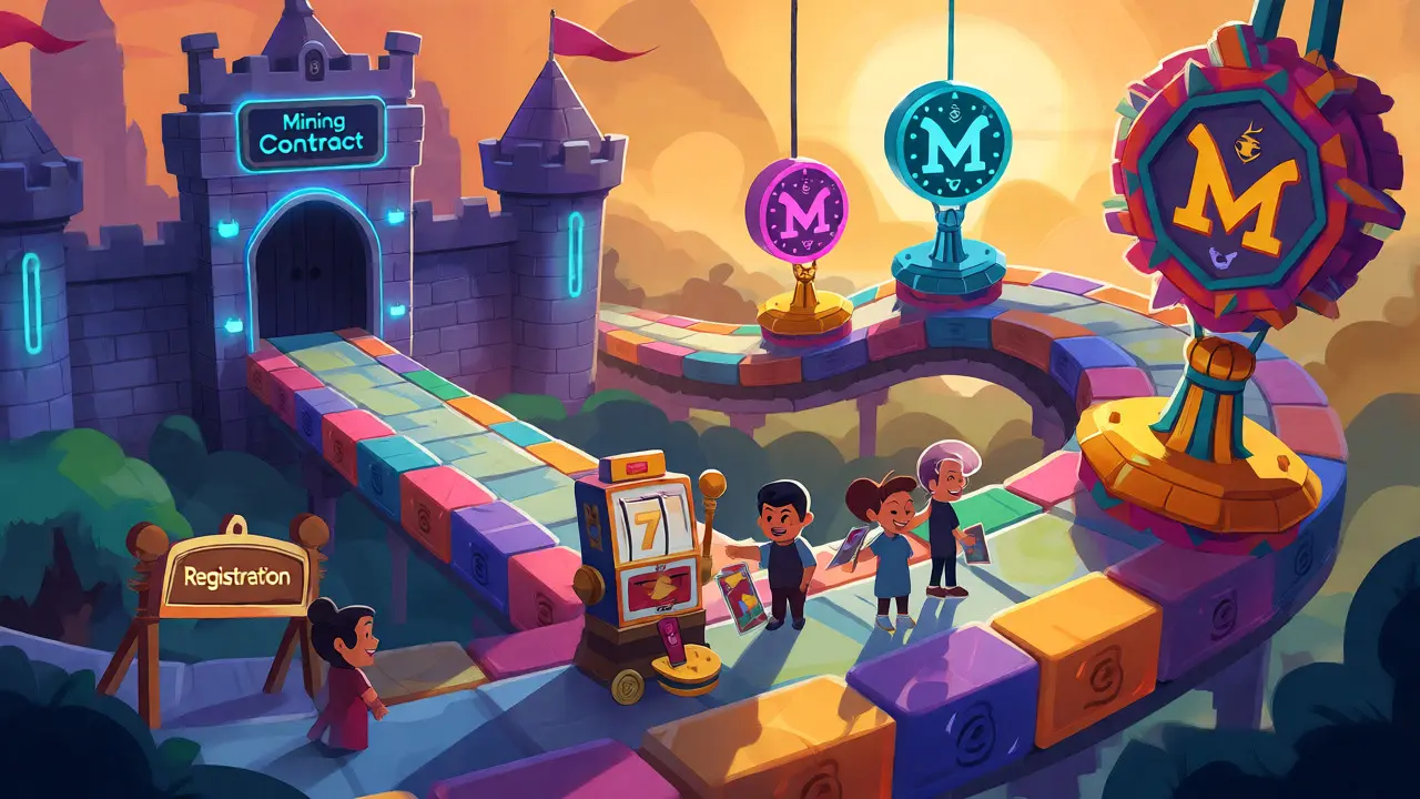 Ilustración animada de un camino con recompensas crecientes por participar en minería y referidos.