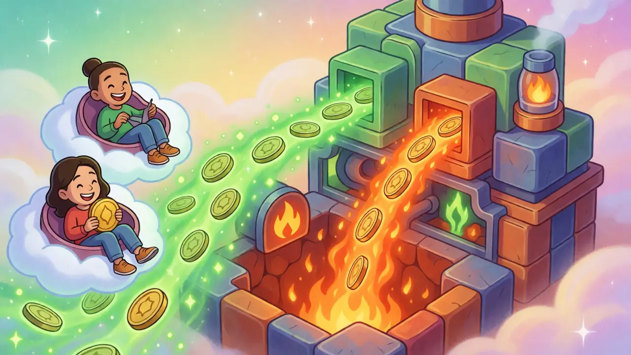 Ilustración animada del mecanismo de quema y redistribución de POOCOIN