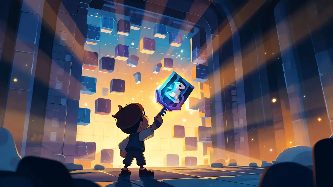 Personaje de dibujos animados sosteniendo una llave NFT que abre una puerta de bloques digitales luminosos.