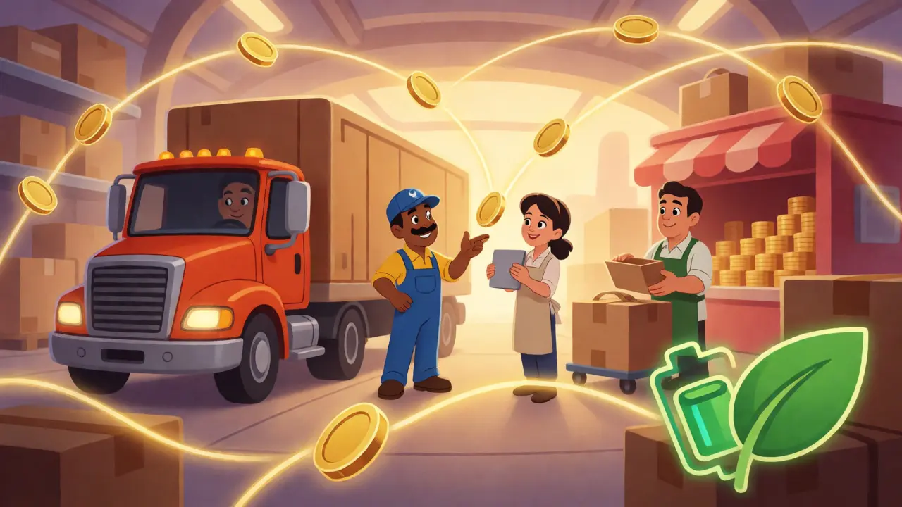 Red logística conectada por hilos dorados y pagos automáticos