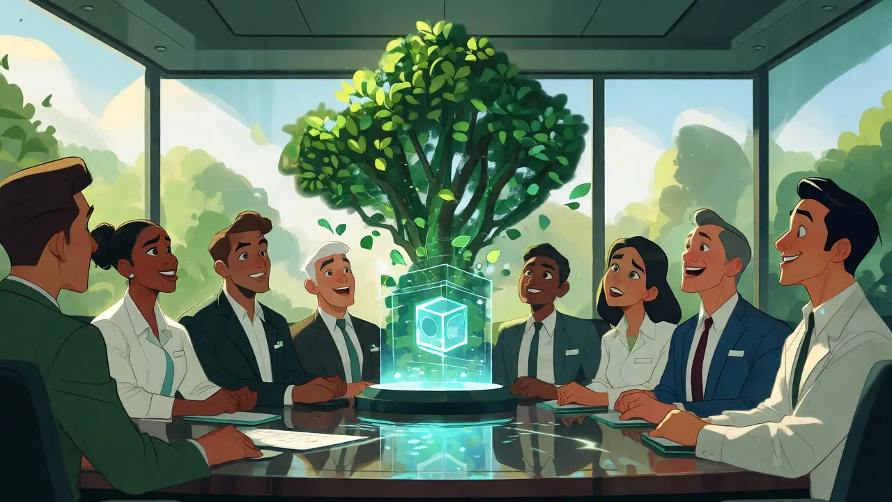 Reunión empresarial optimista con proyección holográfica de crecimiento verde, simbolizando adopción sostenible.