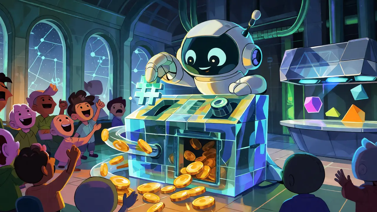 Robot amigable operando una máquina de staking de hashtags que genera monedas doradas en un ecosistema DAO.