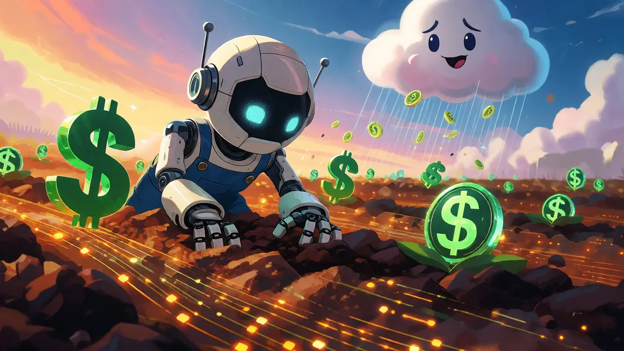 Robot granjero plantando símbolos cripto en suelo digital brillante.