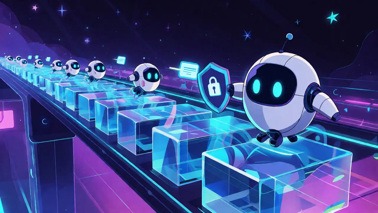 Robots avatares viajando por una autopista digital futurista que simboliza la velocidad y seguridad de la red Scientix.