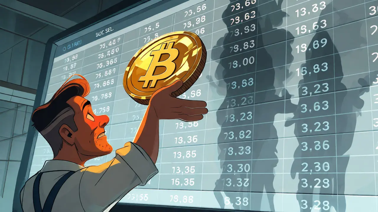 Trader frustrado intentando vender criptomonedas en un mercado con volumen fantasma.