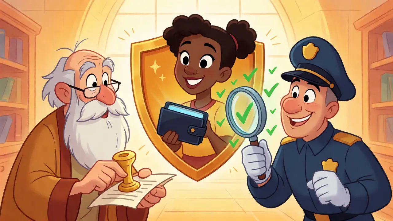 Tres personajes ilustrando el flujo de emisión, posesión y verificación de credenciales.