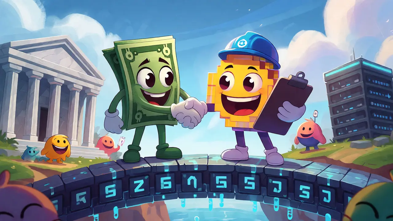 Un dólar y una stablecoin se dan la mano sobre un puente digital entre bancos y tecnología.
